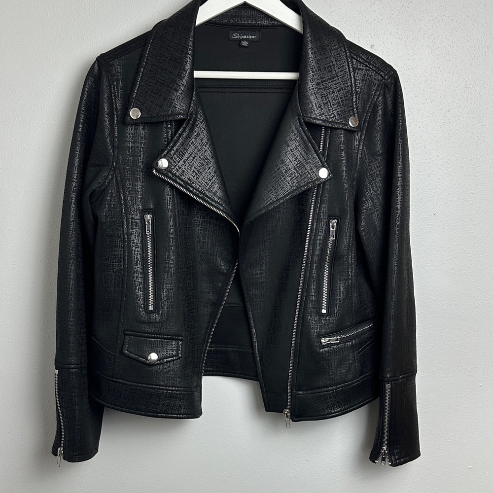 Shinestar Black Textured Jacket Leather Look- Soft Fabric Feel - Picture 6 of 10